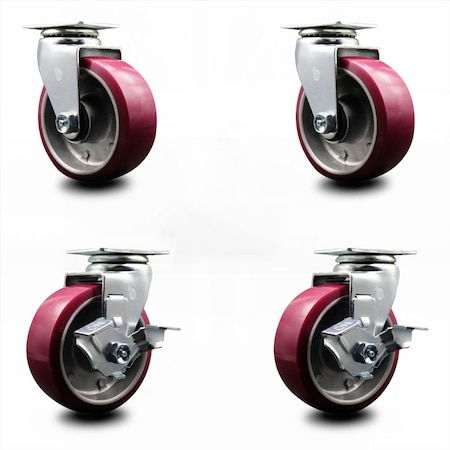 Service Caster 5 Inch Poly on Aluminum Swivel Caster Set with Roller Bearings 2 Brakes SCC SCC-20S520-PAR-2-TLB-2